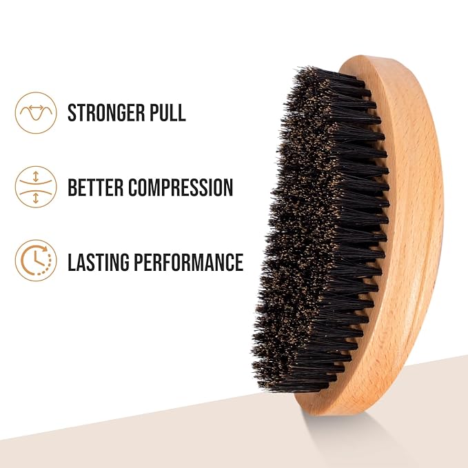 Soft 360 Wave Brush for Men, 100% Pure Boar Bristle Hair Brush for Men, Beech Wood Curved Palm Brush for Fresh Cuts, Beginners, Short Hair Waves & Beard Grooming