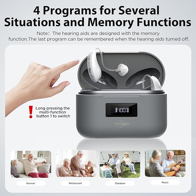 Rechargeable OTC Hearing Aids for Seniors & Adults （NewHear ）16-Channel Digital Sound, Smart Noise Cancellation, Super Mini Invisible BTE Design, Charging Case, 5-Day Battery, Light Gray