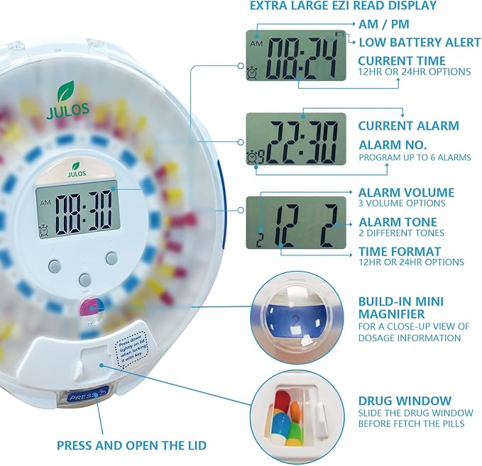 JULOS Automatic Pill Dispenser with App for Elderly & Dementia Care | Sound/Light Reminder, Up to 9 Daily Doses,LCD Display,Key Lock Security