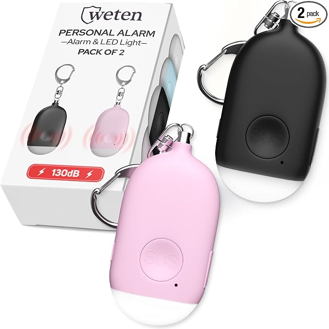 Weten Rechargeable Personal Alarm Keychain - 130dB Siren & LED Light - 2 Pack Personal Safety Alert for Women to Carry - Panic Button Alarm for Security - Rape Whistle for Self Defense (Black&Pink)