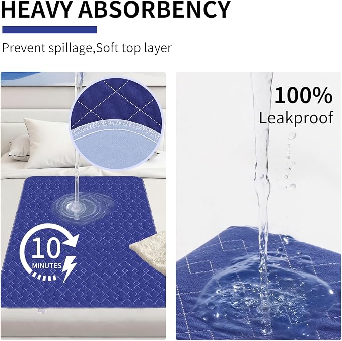 Washable Pads for Beds for Incontinence Adults-Extra Large XXL 34x52 Inch (Pack of 2) - Blue Hide Stains - Waterproof Underpads for Elderly - Reusable Bed Pad for Bedwetting