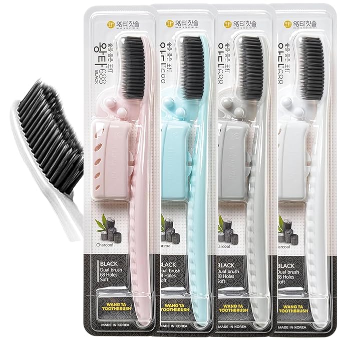 WANGTA Toothbrush 4pcs, Twice as Wide as Regular Brush Head, Wide Toothbrush, Long Brush Head, More Comfortable and Easier Brushing (Black Brush)