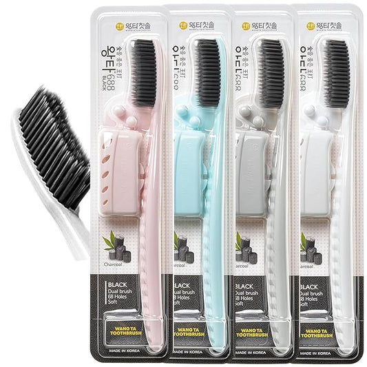 WANGTA Toothbrush 4pcs, Twice as Wide as Regular Brush Head, Wide Toothbrush, Long Brush Head, More Comfortable and Easier Brushing (Black Brush)
