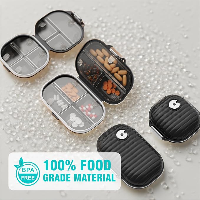 Travel Pill Organizer, 7 Compartments Portable Pill Case, Daily Pill Box, Small Pill Container for Pocket Purse Medicine Organizer(Black)