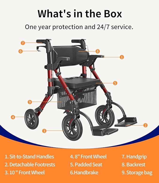 VOCIC Walkers for Seniors, Wheelchairs for Adults, Rollator Walker with Seat, 2 in 1 Rollator Transport Chair with Brakes, Rollator Lightweight Foldable, Walker Wheelchair Combo