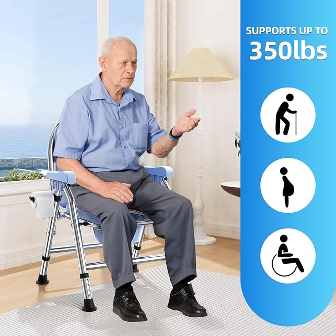 4 in 1 Folding Bedside Commode Chair for Elderly with Arms and Back,Adjustable Height Raised Toilet Seat with Handles,Adults Potty Chair for Seniors,Disabled,Holds Up to 350 lbs (ABS Plastic Seat)
