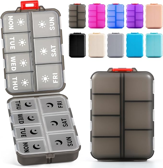 Foldable & Portable Weekly Pill Organizer 2 Times a Day with Clear Printed Labels - 7 Day AM PM Medicine Box, Week Daily Travel Pill Case Holder for Medications, Vitamin, Supplement - Clear Black