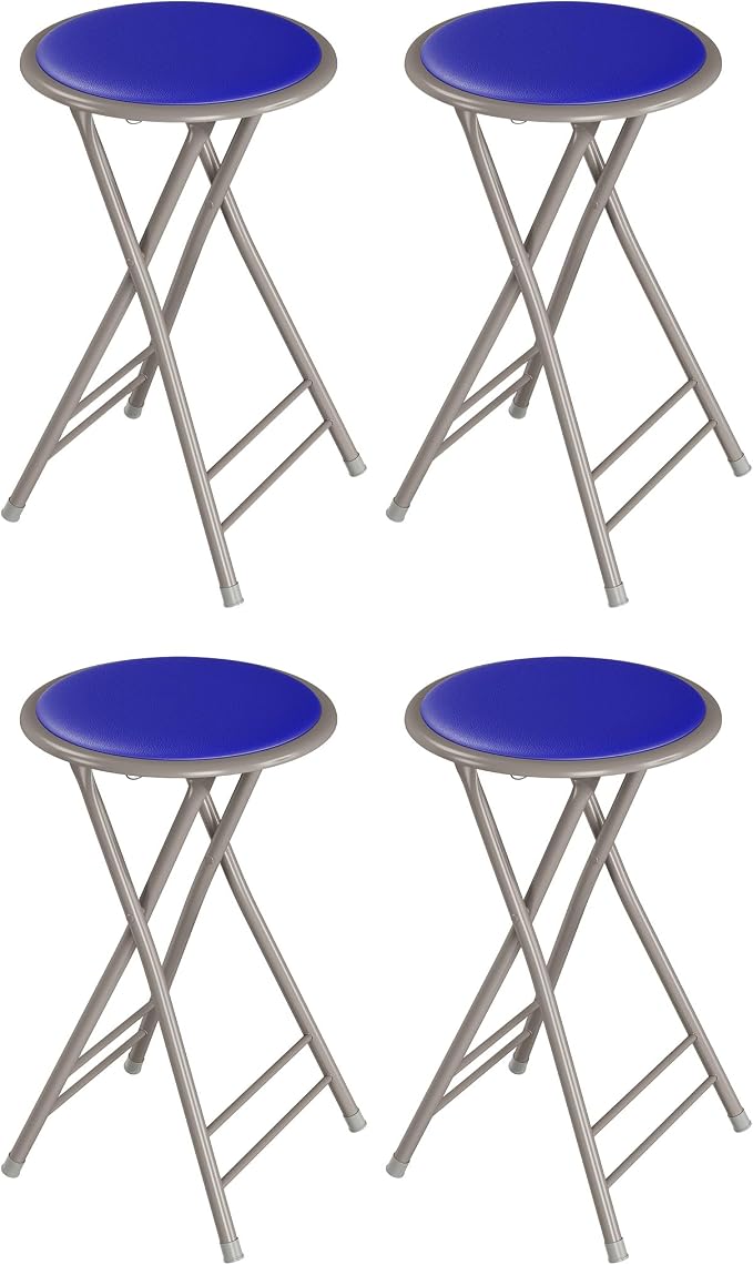 Lavish Home Folding Stool with Padded Backless Seat Set of 4, Blue, 24” | Counter Height Bar Stools with 225lb Capacity, Portable Indoor & Outdoor, Extra Seat for Kitchen, Rec Room or Camping