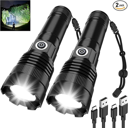 Rechargeable Flashlights High Lumens 2 Pack, Super Bright Tactical Flashlight 3 Modes with Power Display, Waterproof Zoomable LED Flash Light for Home Emergencies Camping Hiking