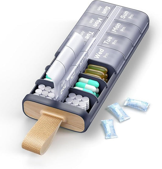 Weekly AM PM Pill Organizer 7 Day, Large 2 Times a Day Pill Box Case with Carry Handle, Moisture-Proof Desiccant & Secure Easy-Open Lids for Vitamins and Supplements
