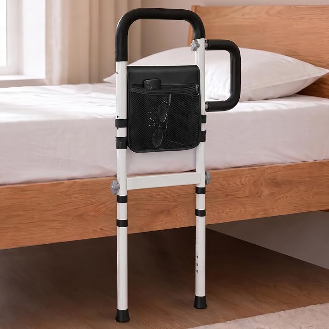 Bed Rails for Elderly Adults Safety, for 400Lbs, Dark Black | Bed Rail for Seniors with Motion Sensor Light, Height Adjustable Bed Assist Bar, Non-Slip Handle, Storage Bag
