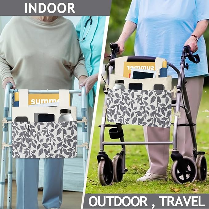 Walker Bag, Washable Walker Accessories Storage Bags with Cup Holder, Handy Walker Basket Pouch Tote Bag for Folding Walker, Wheelchairs, Strollers (Black Leaves)