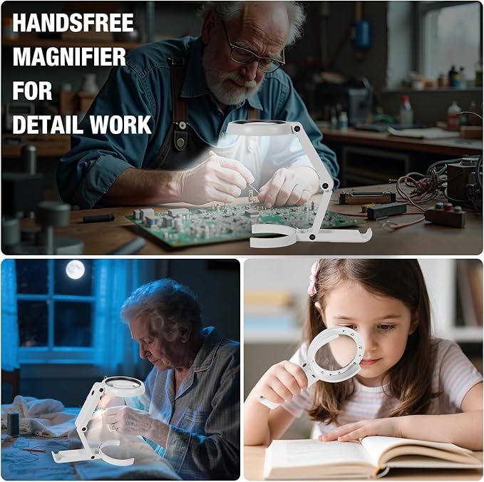 Upgraded Rechargeable Magnifying Glass with Light and Stand, Foldable Handheld & Hands-Free Magnifying Glass 2 Level Dimmable Large Magnifier for Seniors Reading, Close Work, Coins, Jewelry