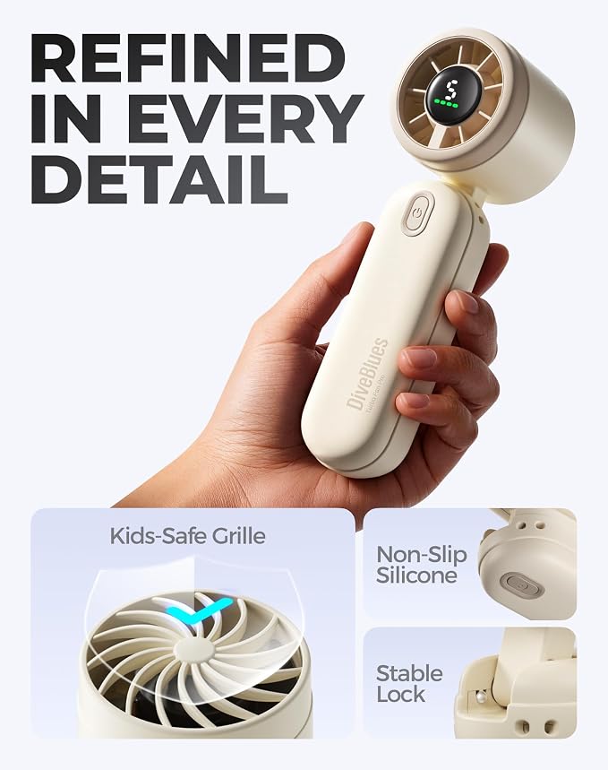 Diveblues Quiet Mini Portable Handheld Fan 30ft/s, 4000mAh Battery | Quiet Motor, 12H Max Cooling, 5 Speeds, LED Display, 3-in-1 Handheld/Neck/Desk Fan for Travel, Cruise & Disney Essentials