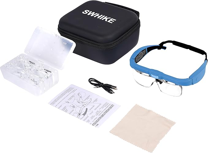 Magnifying Glass with Light Hands Free, Rechargeable Magnifying Glasses Headset with 5 Detachable Lenses and Storage Case for Close Work, Reading, Jewelry Making Crafts (Blue)