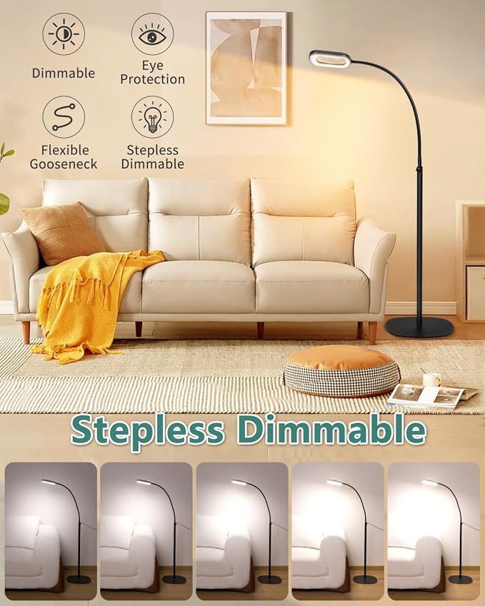 12X Rectangle Magnifying Glass with Light and Stand, 24" Flexible Gooseneck 3-in-1 Floor Lamp, 5 Color Modes Stepless Dimmable, LED Lighted Hands Free Magnifier for Reading Crafts Painting Close Work