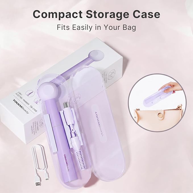 TOUCHBeauty Nose and Ear Hair Trimmer for Women Men, 2-in-1 USB-C Rechargeable Eyebrow Trimmer & Facial Hair Removal, Waterproof Dual-Edge Nasal Hair Clipper with Storage Case (Purple)