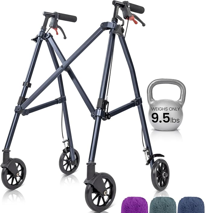 Vive Mobility Lightweight Walker for Seniors - Narrow, Folding Walker | W/Wheels for Small & Tight Spaces - Light Weight for Balance, Compact Doorways, Foldable - Portable & Collapsible for Travel