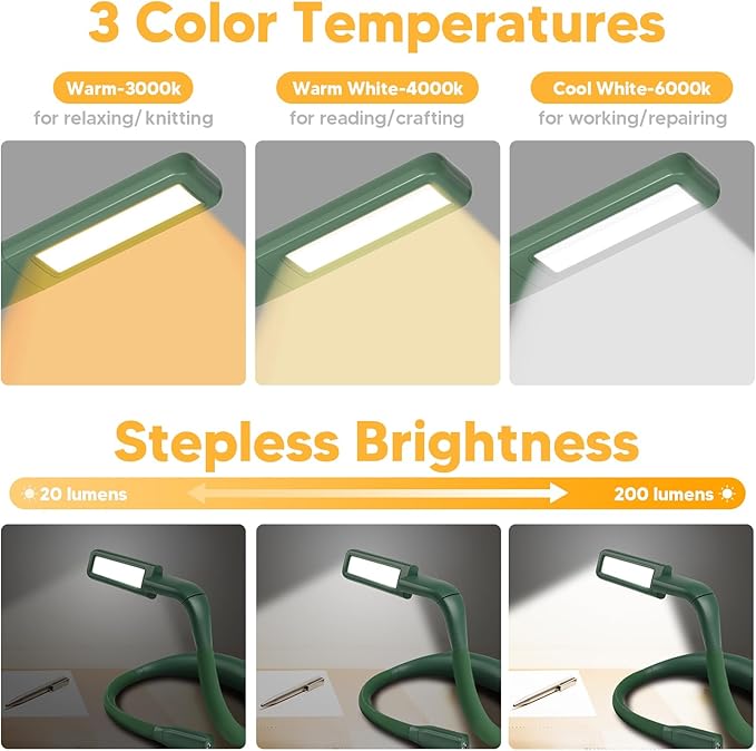 Neck Reading Light, Book Light for Reading in Bed, Eye-friendly Wide Reading Lamp, Bendable Arms & 2 Bright Lights, Rechargeable Booklight Stepless Dimming, Book Lover Gifts Knitting Crochet Craft