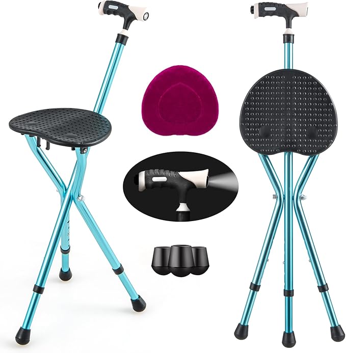 S AFSTAR Walking Cane with Seat, Height Adjustable Cane Chair with LED Light & Retractable 3 Legs, Portable Anti-Slip Seat Cane, Heavy Duty Walking Stick Chair for Seniors Elderly