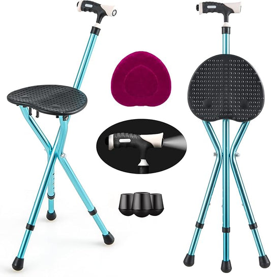 S AFSTAR Walking Cane with Seat, Height Adjustable Cane Chair with LED Light & Retractable 3 Legs, Portable Anti-Slip Seat Cane, Heavy Duty Walking Stick Chair for Seniors Elderly