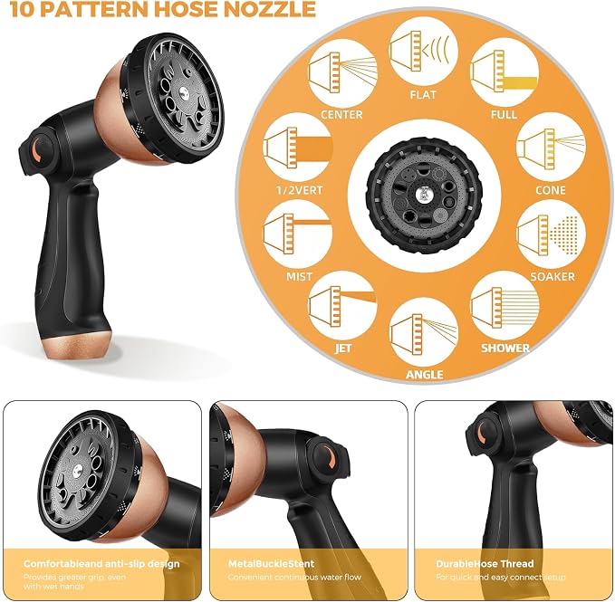 50 ft Expandable Garden Hose, Lightweight Expanding Water Hose with 10 Function Nozzle, 3/4" Solid Brass Fittings, 5-Layer Latex Core, No-Kink Flexible Retractable Hose for Patio, RV, Car Washing