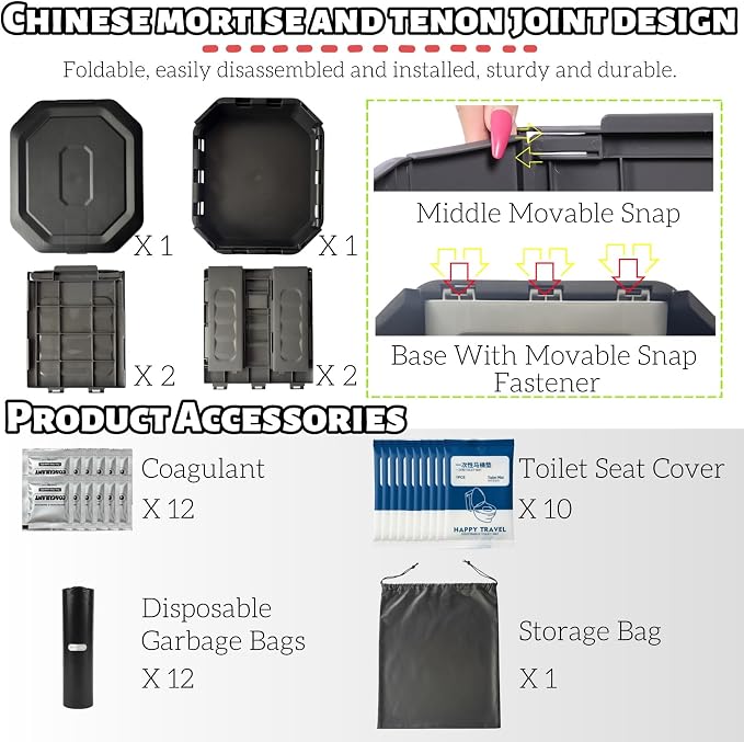 Upgrade Portable Toilet for Adults, Travel Floding Toilet with Lid for Adults & Kids, Camping Toilet Portable Potty for Hiking,Car,Beach and Camping (Gray, Medium)