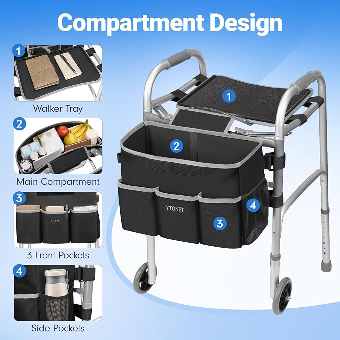 Ytonet Walker Basket with Tray, Detachable Walker Tray for Folding Walkers | Large Capacity Storage Baskets with Phone and Crutch Holder Water-Resistant Non-slip Walkers Accessories for Seniors Black