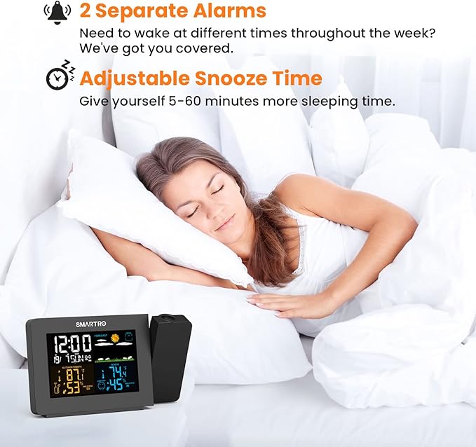 SMARTRO SC91 Projection Alarm Clock for Bedrooms with Weather Station, Wireless Indoor Outdoor Thermometer, Temperature Humidity Monitor Gauge Hygrometer