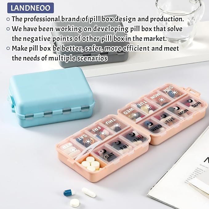 Foldable Weekly Pill Organizer 2 Times a Day with 2 Extra Compartments (Clear Printed Labels) - Portable 7 Day AM PM Medicine Box, Week Daily Travel Pill Case Holder for Vitamin, Supplement - Blue