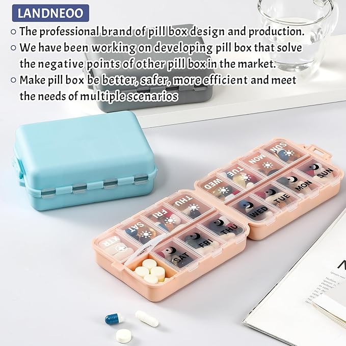Foldable Weekly Pill Organizer 2 Times a Day with 2 Extra Compartments (Clear Printed Labels) - Portable 7 Day AM PM Medicine Box, Week Daily Travel Pill Case Holder for Vitamin, Supplement - Khaki