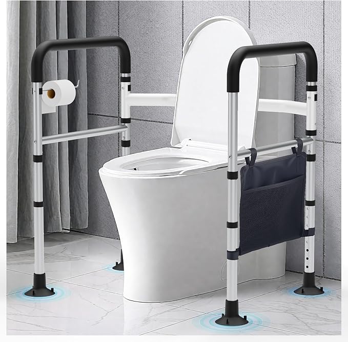 Toilet Safety Rails, Height & Width Adjustable Detachable Toilet Safety Frame for Seniors, Elderly & Disabled, Foldable Handicap Toilet Rails with Handles Storage Bag, Tissue Holder (350LB)