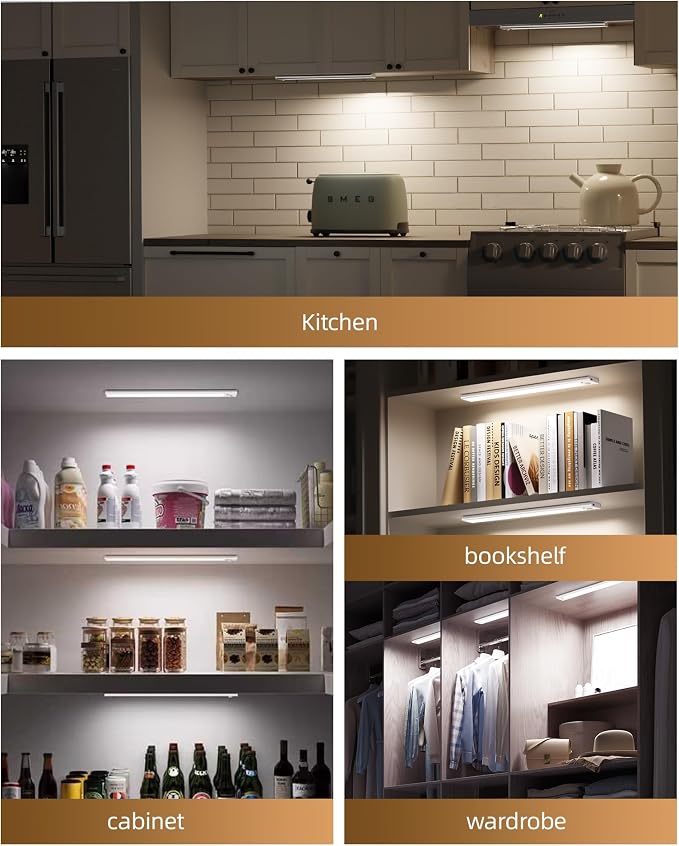 4Pack 16inch Under Cabinet Lighting, Rechargeable Motion Sensor Light Wireless Indoor, Dimmable 3 Color Temps Closet Lights, Under Counter LED Lights for Kitchen, Stairs