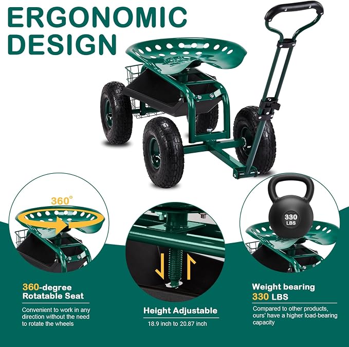 VINGLI Garden Cart with Rolling Seat, Wheels, Adjustable Steering Handle & Utility Tool Tray, Planting Wagon Scooter, Gardening Tool for Senior, for Patio, Backyard, Lawn & Outdoor (Green)