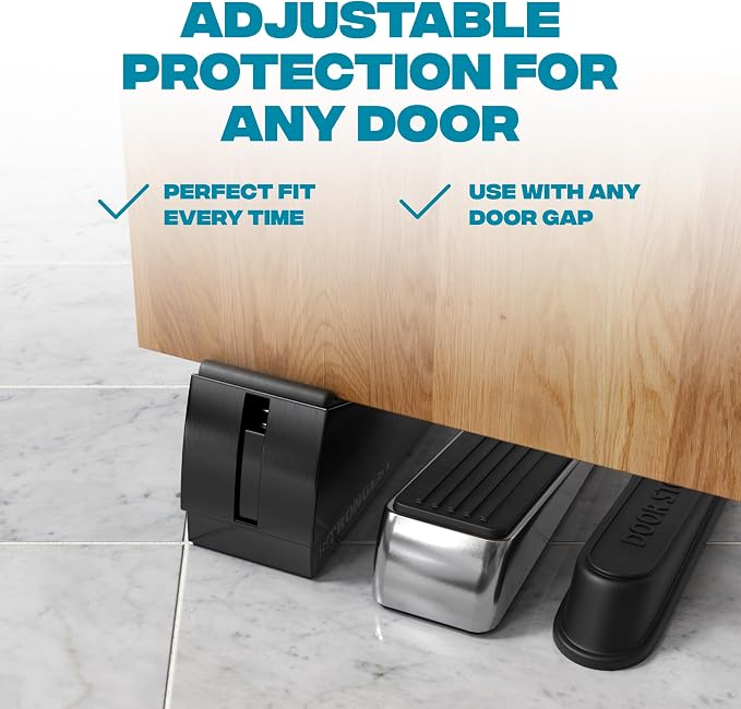 STRONGEST HOME Stoppers for Bottom of Door – Heavy Duty Metal Rubber Door Stopper, Non-Slip Door Stop for Heavy Doors, Works on Wood, Tile & Carpet Floors, Folding Black 1 PC + 1 White Wall Protectors