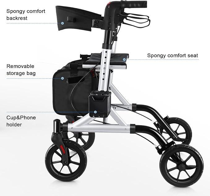 WALK MATE Rollator Walker for Seniors with Cup Holder, Upgraded Thumb Press Button for Height Adjustment, 4 x 8 Wheels Walker with Seat Padded Backrest Folding Lightweight Walking Aid, Silver