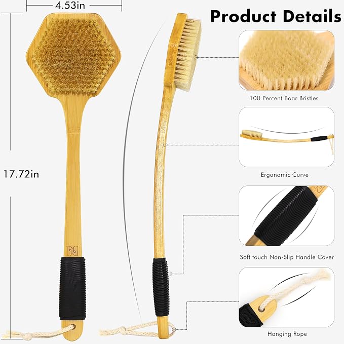 NORTHSONG Body Brush Back Brush Shower Brush Back Scrubber for Exfoliating | Large Head Bath Brush,17.72"Extra-Long Curved Bamboo Handle,100% Boar Bristles,ideal for Elderly,Shoulder Pain,Gift Ready