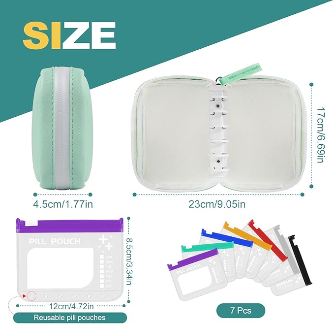A7 Waterproof Pill Organizer with 7 PCS L Size Zippered Pill Pouches for A7 Binder, Large BPA-Free Weekly Medicine Organizer, Color-Coded Reusable Travel Pill Storage System