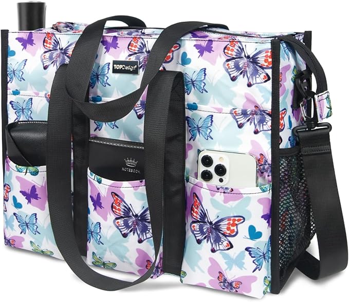 TOPDesign Utility Water Resistant Tote Bag with 22 Pockets, Top Zipper Closure & Thick Bottom Support, for Working Women