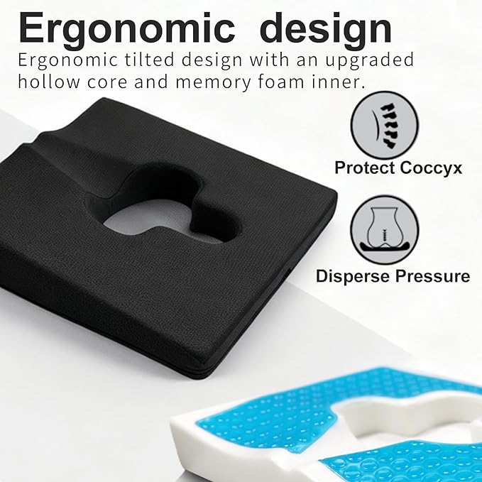 Gel Wheelchair Seat Cushion,Bed Sore Cushions for Butt,Office Chair Pressure Sore cushion,Memory Foam Pillow for bed,Pressure Ulcer Pain Relief,Relieve Sciatica,Coccyx,Washable Cover/Set Black