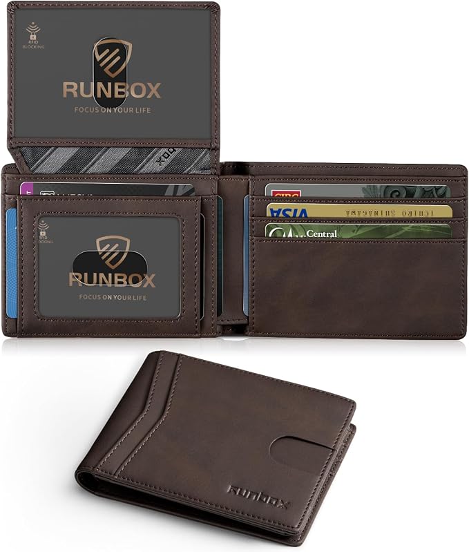 RUNBOX Wallet for Men -Slim Rfid Leather Mens Bifold Novelty Wallets 2 ID Window With Gift Box Men's Accessories | Minimalist Front Pocket Design, Holds 15 Cards, Large Capacity with Cash Pocket,Compact and Thin, Birthday Gifts for Men