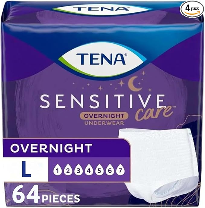 TENA Sensitive Care Overnight Incontinence Underwear for Women, Bladder Control, Postpartum, L, 64 Count (Waist size 32in-42in)