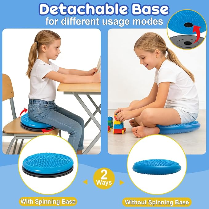 Wiggle Seat Cushion,Fimeetoy Sensory Spinning Chair,ADHD Tools for Kids,Flexible Seating Classroom & Home,Inflatable Wobble Balance Disc-Blue
