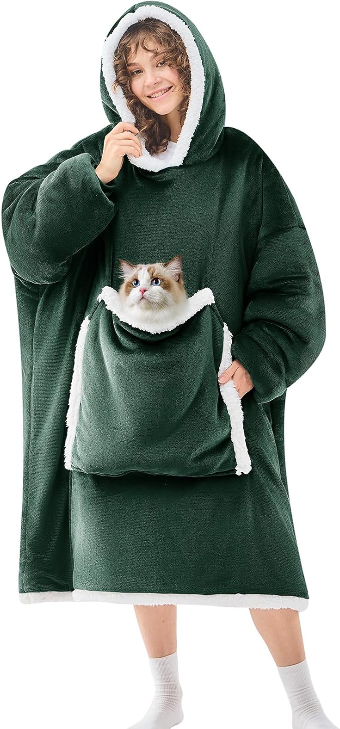 JOYWOO Green Oversized Wearable Blanket Hoodie, Cat lovers Long Hoodie Blanket for Adult,Birthday Gifts for Women Mom Grandma,Cozy Sherpa Hooded Blanket Giant Pocket Winter Gifts,Dark Green,Oversize