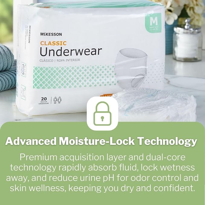 McKesson Classic Adult Incontinence Underwear, [80 Count], Light Absorbency, Medium, 32-44 in. Unisex Bladder Leak Protection, Pull-On Style with Tear-Away Sides, Postpartum and Incontinence Support