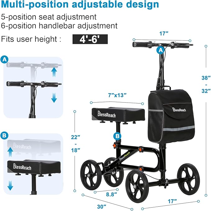 Economy Knee Scooter Steerable Knee Walker for Foot Injuries Compact Crutch Alternative with Dual Braking System (Black)