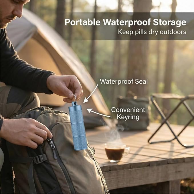 Waterproof Keychain Pill Holder - 3-Compartment, Blue | Anodized aluminum with a keyring. 3 detachable layers. Pocket-sized, rustproof EDC pill container