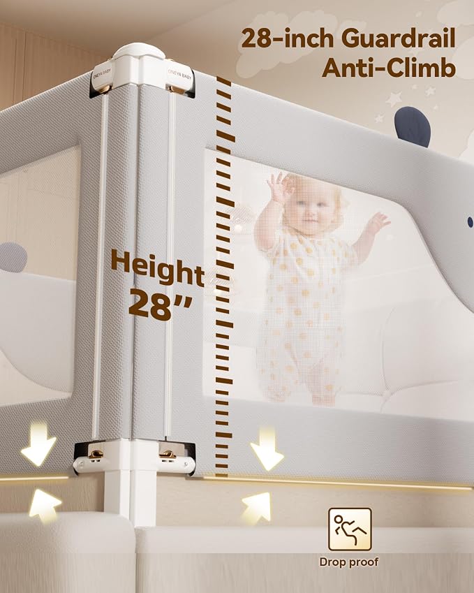 60” Baby Bed Rail Guard for Toddlers, Thickened Toddler Bed Rails for Queen | Height Adjustable, Extral Tall Child Safety Side Railing Guards/Bedrail for Kids,Grey Bear, 1 Side 60" Lx28 H