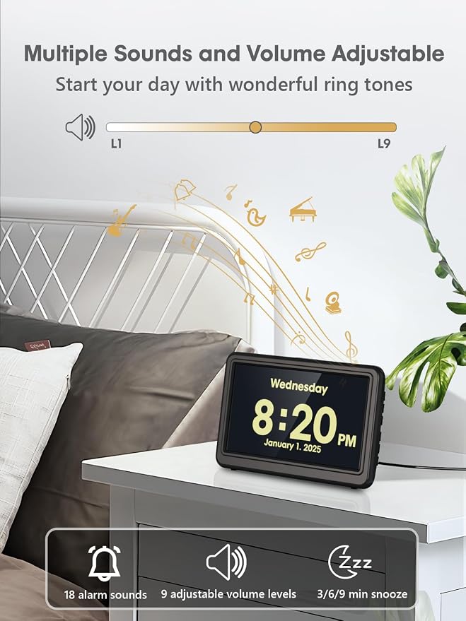Dementia Clock for Seniors with Large Display & Daily Reminders | 12 Themes, 20 Custom Alarms, 18 Ringtones, Medication Reminders, Automatic Dimmer, Digital Calendar Display for Elderly Care