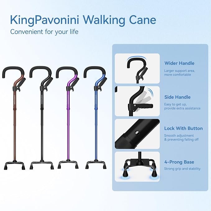 KingPavonini Canes for Women/Men with Second Handle, Foldable & Adjustable Walking Cane with 4-Pronged Base, Quad Cane for Stability, Standing, Balance, Leg Surgery Recovery